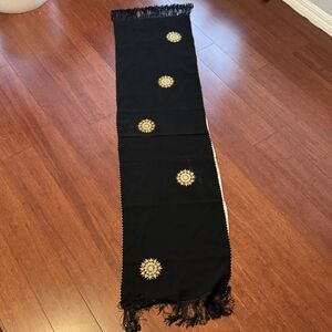 Vintage Scarf 58”x19” Rectangle Black Embroidered Stitched Lining Knit Material